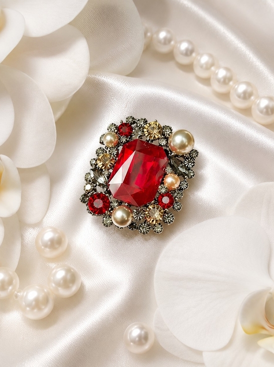Anthropologie Jewelry - Red Crystal & Pearl Brooch